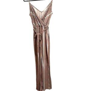 Striped Sleeveless Brown Jumpsuit With V-Neck & Belted Waist By Haute Monde Size
